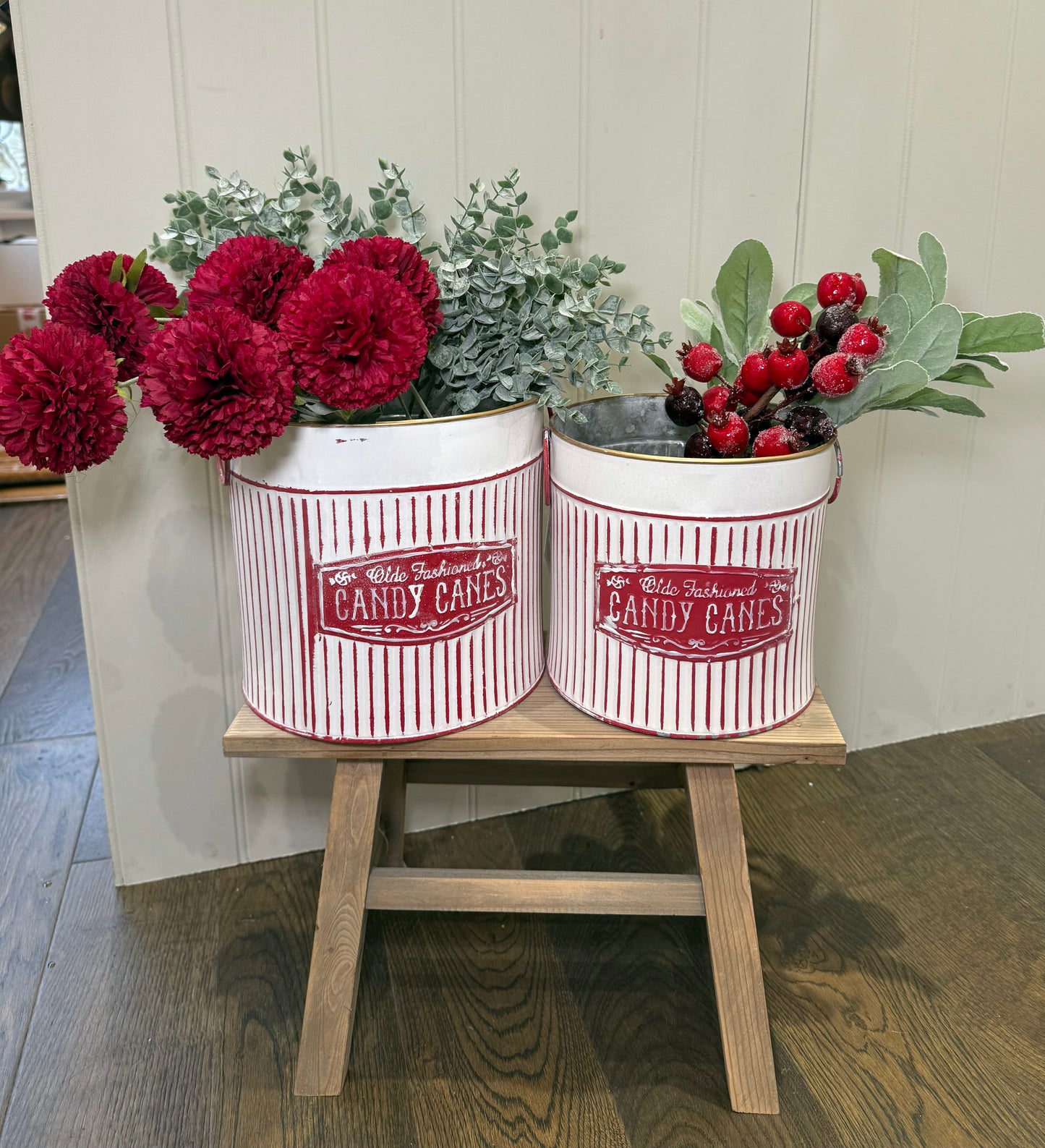 Candy Cane Red Metal Buckets Set Of Two