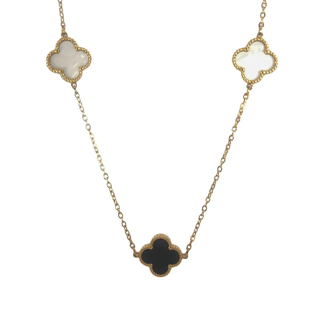 Double Sided Black & White Four Leaf Clover Necklace