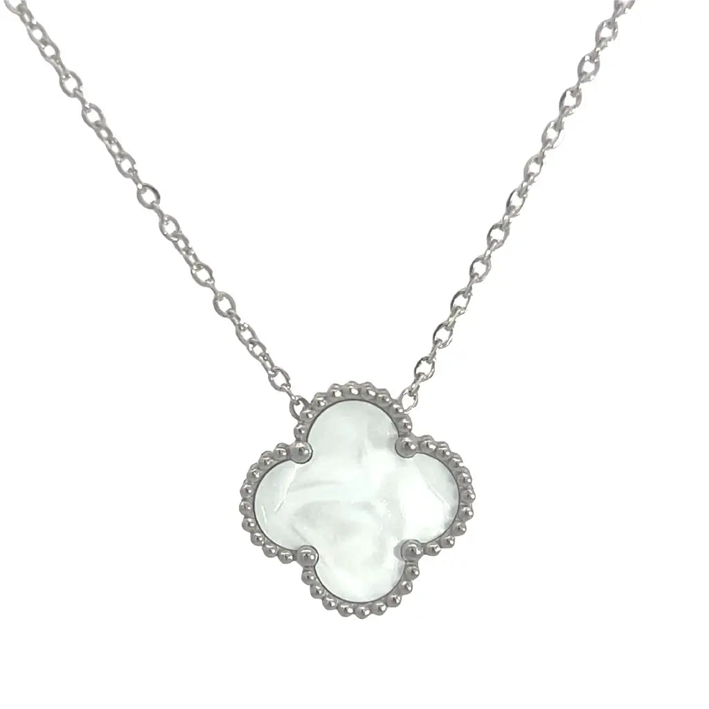 White Four Leaf Clover Silver Necklace