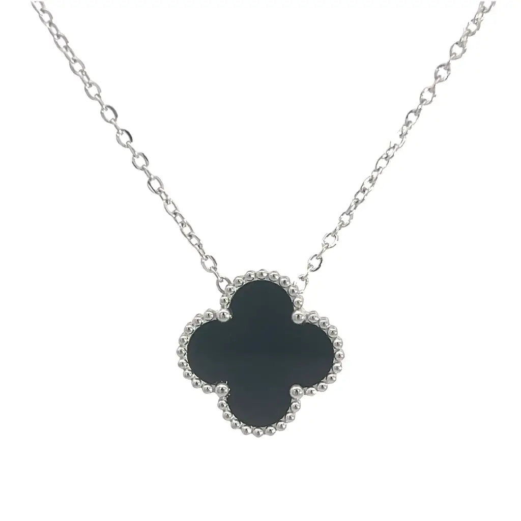 Black Four Leaf Clover Necklace Silver