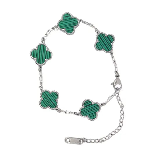 Green Four Leaf Clover Bracelet Silver