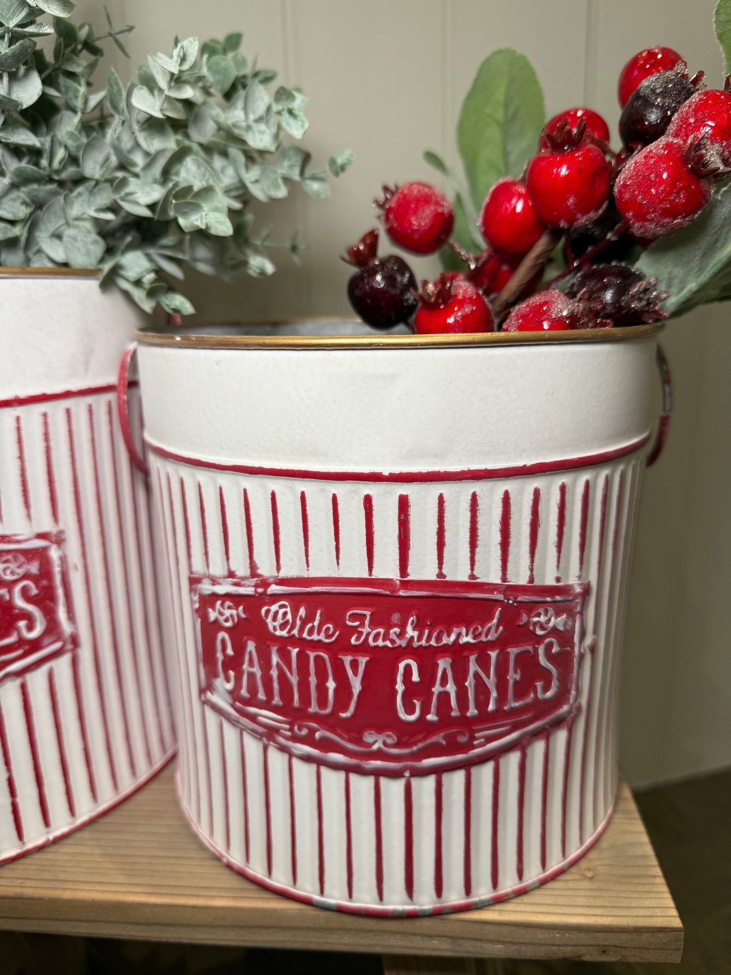 Candy Cane Red Metal Buckets Set Of Two