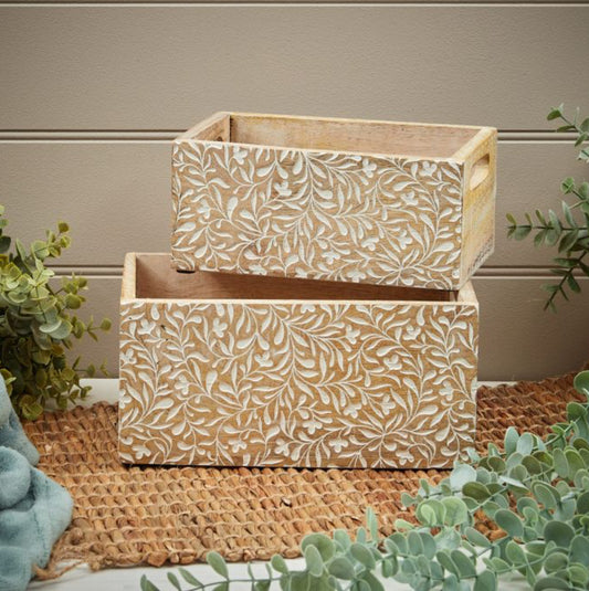 Mango Wood Floral Leaf Caddy Set