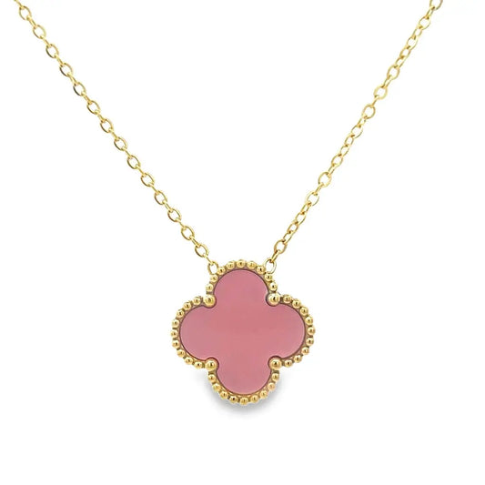 Pink Four Leaf Clover Pendant Necklace Gold