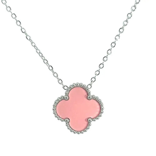 Pink Four Leaf Clover Pendant Necklace Silver