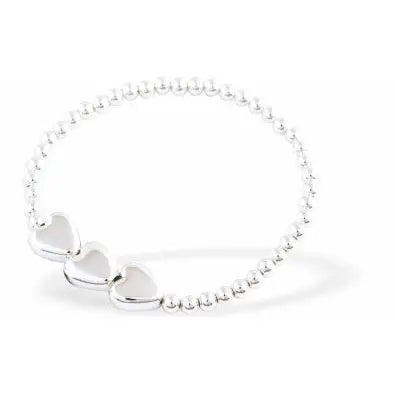Silver Coloured Stretch Beaded Bracelet With Triple Hearts