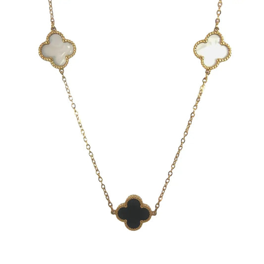 Double Sided Black & White Four Leaf Clover Necklace