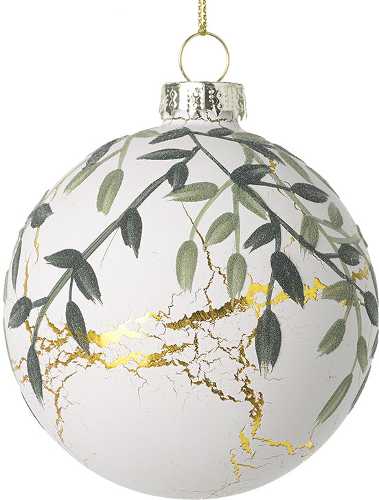 White, Gold & Green Leaf Bauble
