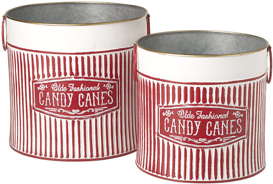Candy Cane Red Metal Buckets Set Of Two