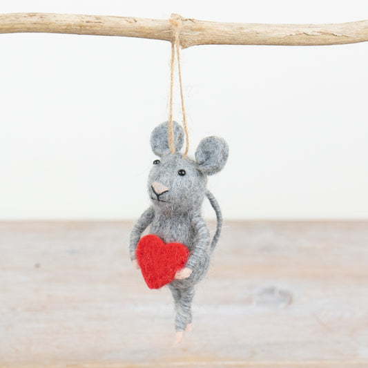 Grey Felt Mouse With Red Heart