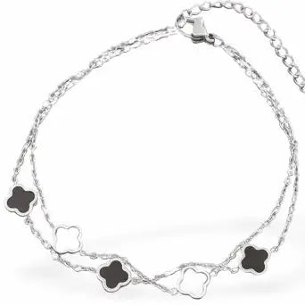 Black & White Four Leaf Clover Silver Bracelet