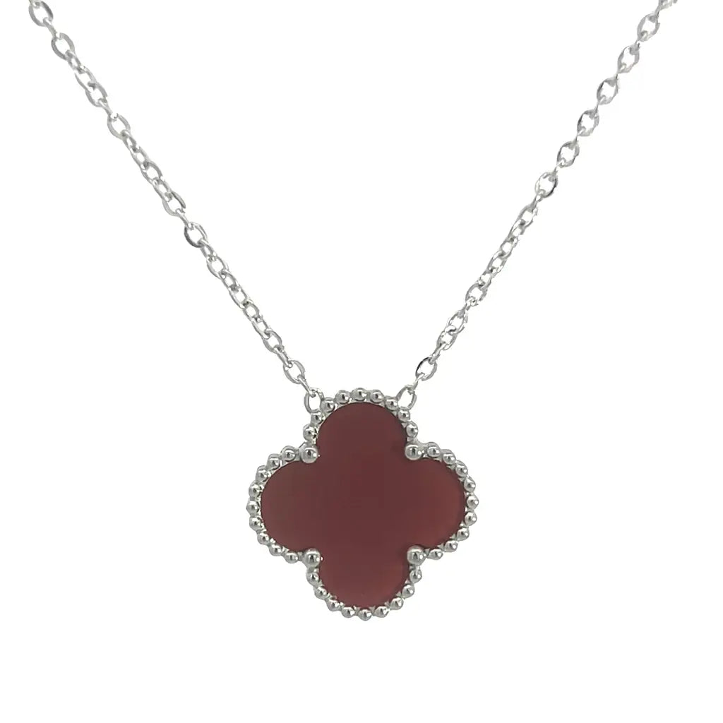 Burgundy Four Leaf Clover Necklace Silver