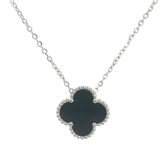 Black Four Leaf Clover Necklace Silver