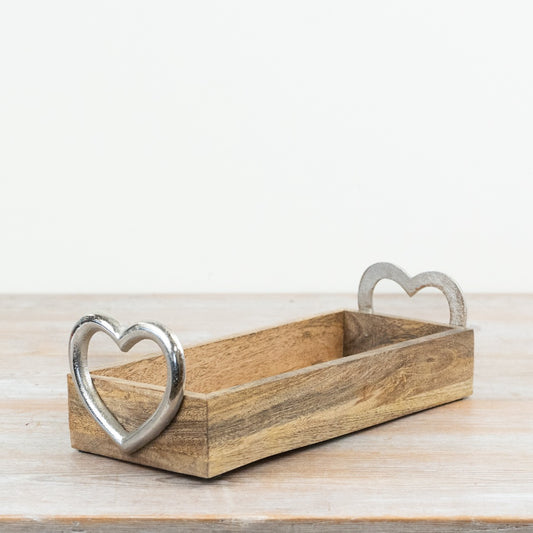 Wooden Tray With Silver Heart Handles