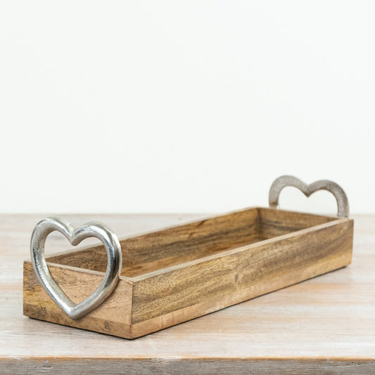 Wooden Tray With Silver Heart Handles Large